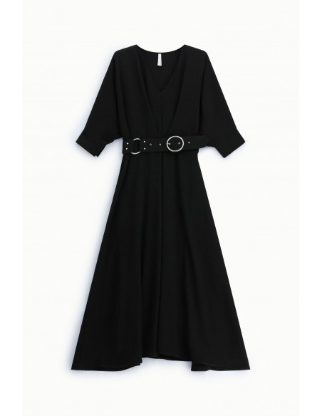 Robe longue ceinturée manches kimono noire – Imperial Femme, vue de face