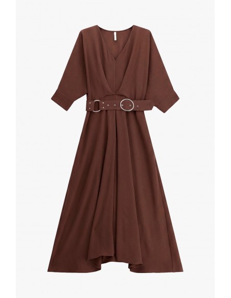 Robe longue ceinturée manches kimono marron – Imperial Femme, vue de face