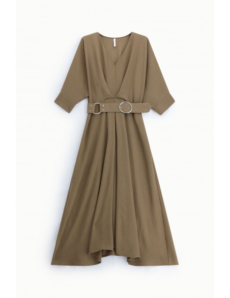Robe longue ceinturée manches kimono beige – Imperial Femme, vue de face
