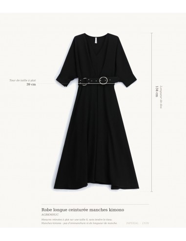 Robe longue ceinturée manches kimono Imperial Femme, schéma des mesures à plat sur taille S