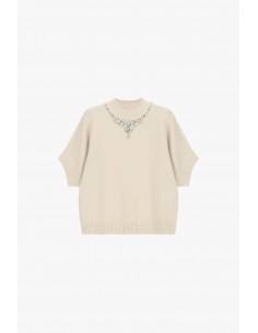 Pull col montant manches 3/4 collier de strass – Imperial Femme