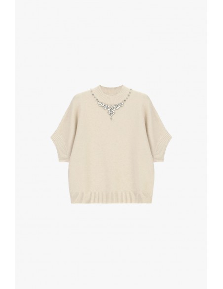 Pull col montant manches 3/4 collier de strass – Imperial Femme