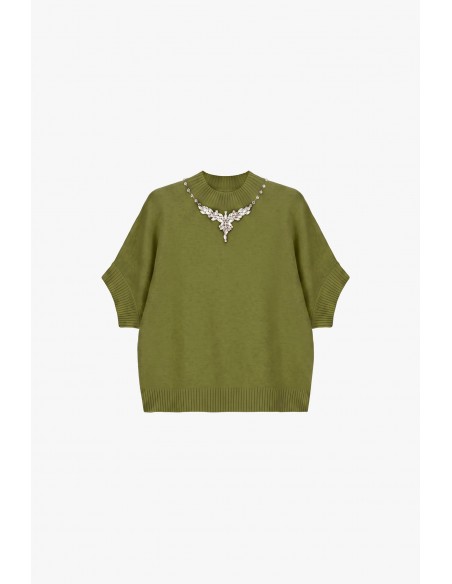 Pull col montant manches 3/4 collier de strass – Imperial Femme