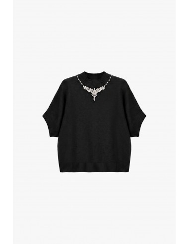 Pull col montant manches 3/4 collier de strass – Imperial Femme