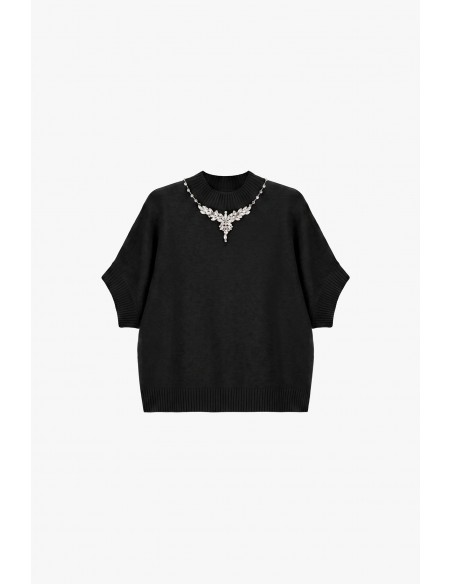 Pull col montant manches 3/4 collier de strass – Imperial Femme
