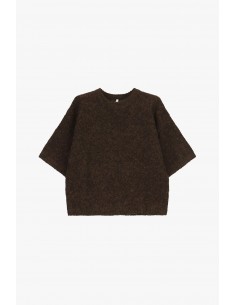 Pull maille bouclée col rond manches 3/4 chocolat – Imperial Femme
