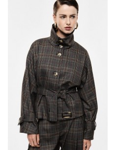 Veste courte ceinturée prince de galles col montant – Imperial Femme