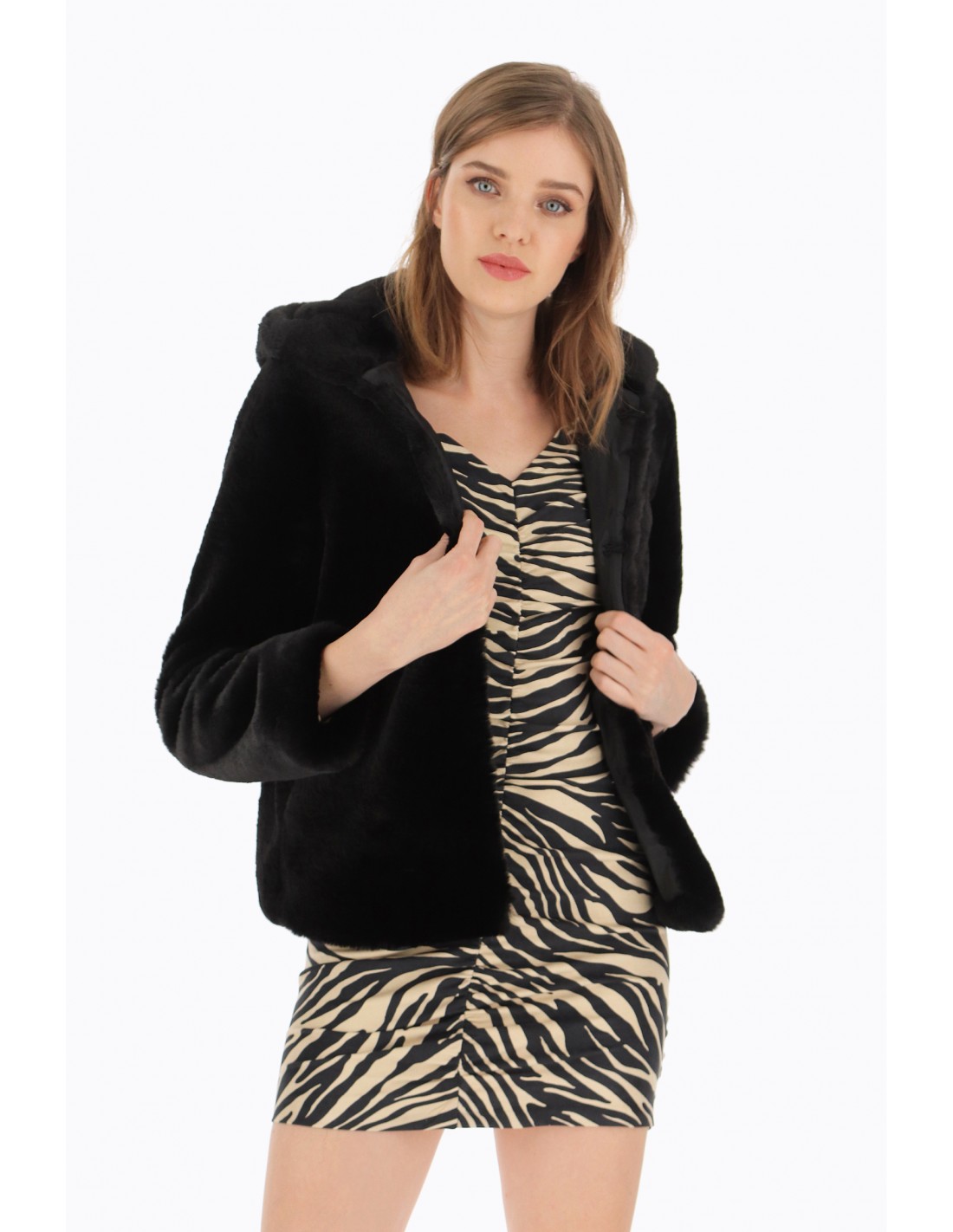 BLOUSON PLEASE A CAPUCHE EN FAUSSE FOURRURE NOIRE