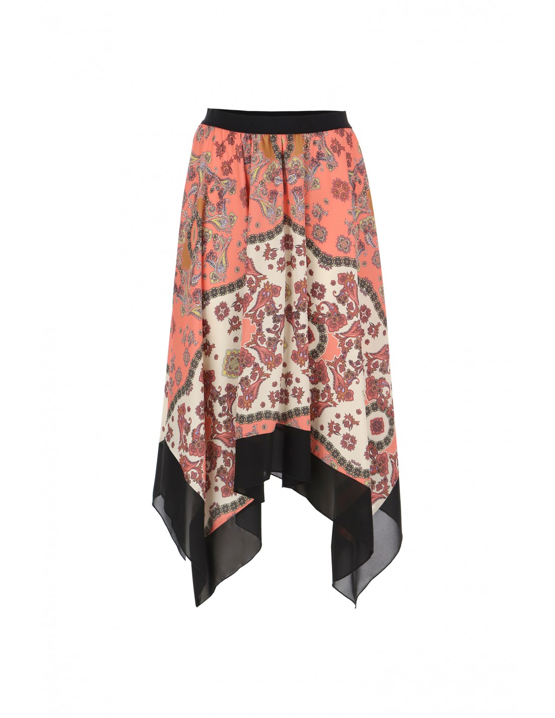 JUPE IMPERIAL ASYMETRIQUE A IMPRIME FOULARD MULTICOLORE